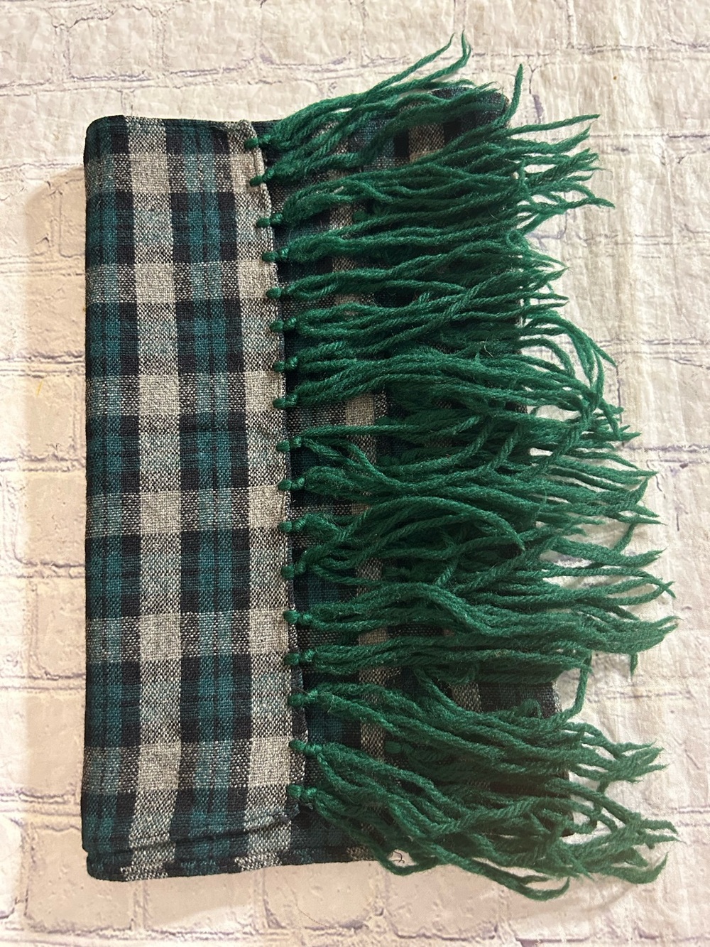 VERA VINTAGE GREEN/BLACK/GREY PLAID WITH FRINGE WOOL & RAYON TIMELESS SCARF